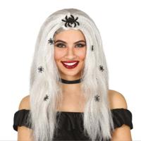 Horror verkleed pruik met zwarte spinnen voor dames - Halloween heksen accessoires - Grijs Horror verkleed pruik met zwarte spinnen voor dames - Halloween heksen accessoires - Grijs