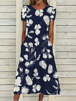 Cotton Blends Floral Loosen Short Sleeve Woven Dress - thumbnail