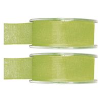 2x Groene organzalint rollen 2,5 cm x 20 meter cadeaulint verpakkingsmateriaal - Cadeaulinten