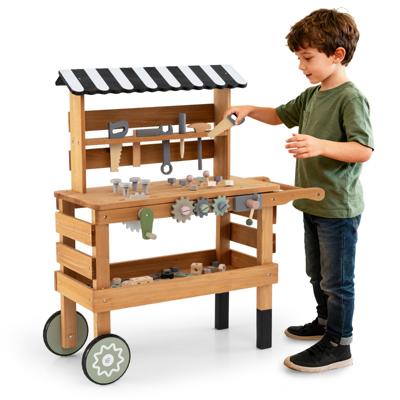 2-in-1 Houten Kinderwagen En Werkbank Speelwerkstation Compleet Met Realistisch Gereedschap En Accessoires
