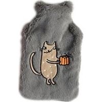 Warmwaterkruik lichtgrijs pluche met bruine katten/poezen afbeelding 2 liter - thumbnail