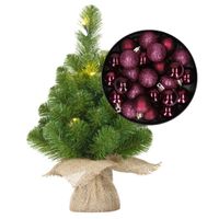 Mini kerstboom/kunstboom met verlichting 45 cm en inclusief kerstballen aubergine paars   -