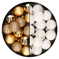 28x stuks kleine kunststof kerstballen goud en parelmoer wit 3 cm - thumbnail