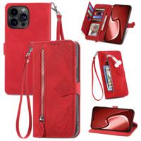 iPhone 14 Pro hoesje - Bookcase - Koord - Pasjeshouder - Portemonnee - Bloemenpatroon - Kunstleer - Rood - thumbnail