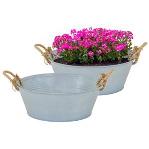 Plantenpot/bloempot teil Old Rope - 2x - rond - zink - zilver - D40 X H14 cm