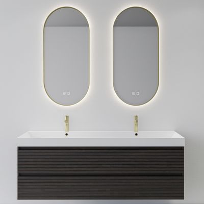 Spiegelcombinatie BWS 2x Thyreos 40x100cm Ovaal Met Rand Mat Goud LED Verlichting & Geintegreerde Spiegelverwarming