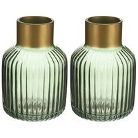 Bloemenvazen 2x stuks - luxe decoratie glas - groen/goud - 14 x 22 cm