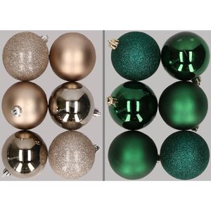 12x stuks kunststof kerstballen mix van champagne en donkergroen 8 cm - Kerstbal