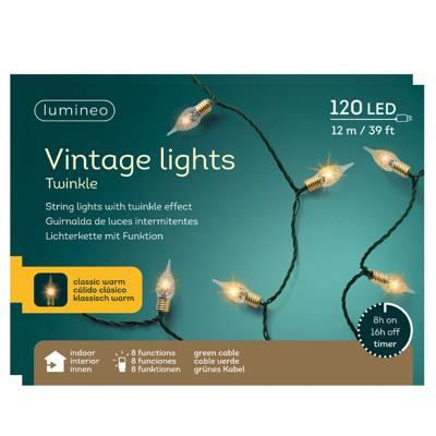 Lumineo Vintage kerstverlichting ? 120 led lampjes - 2x - klassiek warm wit ? 11,9 meter ? kunststof
