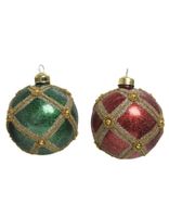 Kerstbal glas a2 rood/groen glitter-beads - Decoris