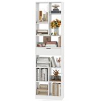 180 cm Boekenkast met Lade Moderne 10 Open Vakkenkast Vrijstaande Opbergkast voor Woonkamer Kantoor Wit