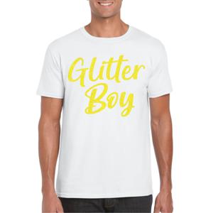 Verkleed T-shirt voor heren - glitter boy - wit - geel glitter - carnaval/themafeest