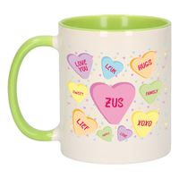 Cadeau koffiemok voor zus/zusje - hartjes snoepjes - groen - verjaardag kado - mok met tekst