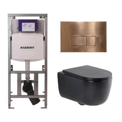 QeramiQ Dely Swirl Toiletset - 36.3x51.7cm - Geberit UP320 Burda inbouwreservoir - slim zitting - koperen bedieningsplaat - rechthoekige knoppen - mat zwart 0701131/SW706197/SW1000768/SW1026258
