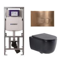 QeramiQ Dely Swirl Toiletset - 36.3x51.7cm - Geberit UP320 Burda inbouwreservoir - slim zitting - koperen bedieningsplaat - rechthoekige knoppen - mat zwart 0701131/SW706197/SW1000768/SW1026258