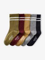 Set van 5 paar gestreepte geribbelde sokken voor jongens kaki