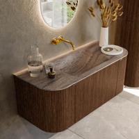 Badmeubel Mondiaz Kurve-Dlux | 110 cm | Meubelkleur Walnut | Wastafelkleur Oza | Solid surface | Wasbak midden spoelbak | Zonder kraangat(en)