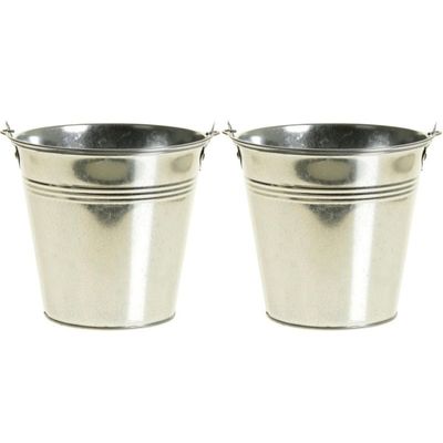 2x Kleine zinken emmertjes/bloempotjes zilver 9 cm hoog
