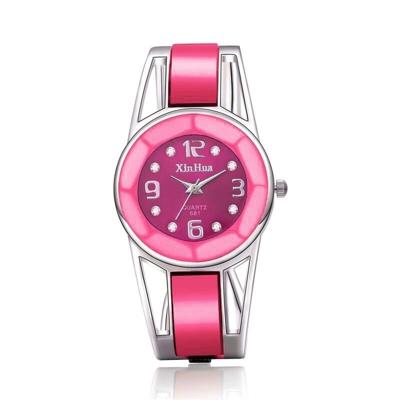 XinHua vrouwen Diamond spiegel oppervlakte holle roestvrijstalen armband quartz horloge (roze)