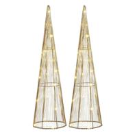 Mica Decorations LED kegel - 2x - kerstboom lamp - goud - polyester/metaal - H50 cm