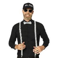 Carnaval verkleed set - Mr. fout pet/bretels/party bril/vlinderstrik - glitter zilver - volwassenen Carnaval verkleed set - Mr. fout pet/bretels/party bril/vlinderstrik - glitter zilver - volwassenen