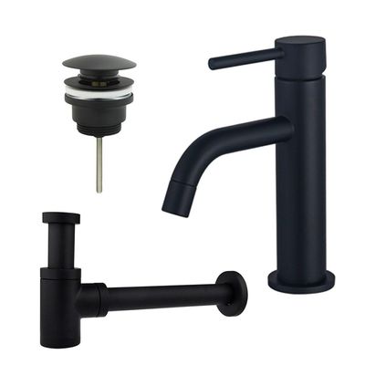 Fortifura Calvi Slim Wastafelkraanset - lage wastafelkraan - klikwaste plug - verlaagde design sifon - Mat zwart SW377835/SW696199/SW696215