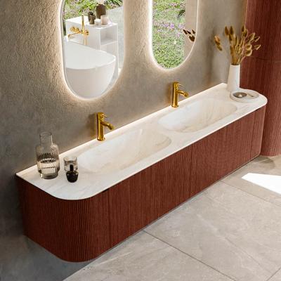 Badmeubel Mondiaz Kurve-Dlux | 190 cm cm | Meubelkleur Ruby | Wastafelkleur Ostra | Solid surface | Wasbak beiden zijden spoelbak | 2 kraangaten