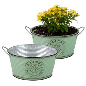 Plantenpot/bloempot teil voor buiten - 2x - zink - rond - jadegroen - D25 x H12 cm