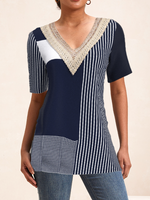 Striped Casual Lace Crew Neck Shirt - thumbnail
