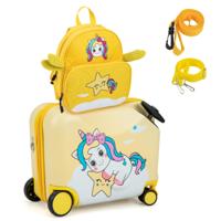 2-Delige Kinderkoffer + Rugzak 47 cm Lange Ride-on Koffer en 30 cm Brede Rugzak met Wielen en Waterdichte Harde Schaal Geel