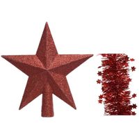 Kerstversiering kunststof glitter ster piek 19 cm en sterren folieslingers pakket rood van 3x stuks