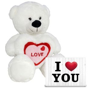 Pluche knuffel Valentijn I Love You beertje 30cm met hartjes wenskaart