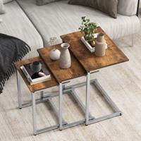 Set van 3 Nestbare Salontafels Stapelbare Vierkante Bijzettafels Houtnerfblad Stevig Metalen Frame Multifunctioneel C-Vormig Bruin