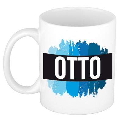 Otto naam cadeau koffie mok - beker - met blauw verfstrepen - Cadeau collega - vaderdag