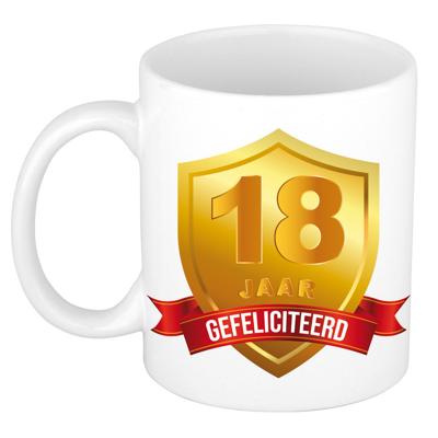 Leeftijd cadeau koffiemok - 18 jaar - Gefeliciteerd - Gouden schild - jubileum - verjaardaardag