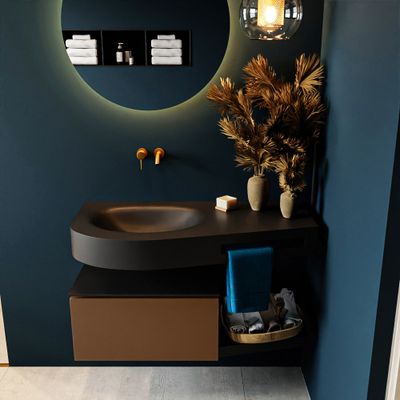 MONDIAZ RIVA 100cm badmeubel onderkast / planchet kleur Rust met 1 lade. Wastafel DULCET links 0 kraangaten kleur Urban. MONDIAZ RIVA 100cm badmeubel onderkast / planchet kleur Rust met 1 lade. Wastafel DULCET links 0 kraangaten kleur Urban.