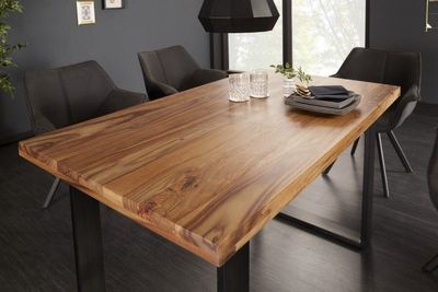 Massief houten eettafel IRON CRAFT 120 cm natuurlijke Sheesham steenafwerking zwarte metalen poten loper - 39866