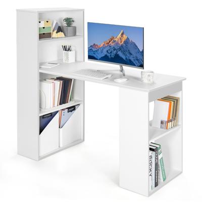 122 cm Computerbureau met Boekenkast Modern Compact Bureau met 6-Laags Opbergplanken Omkeerbaar Studeertafel met Brede Basis Wit