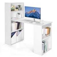 122 cm Computerbureau met Boekenkast Modern Compact Bureau met 6-Laags Opbergplanken Omkeerbaar Studeertafel met Brede Basis Wit