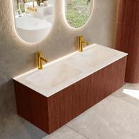 Badmeubel Mondiaz Kurve-Dlux | 120 cm cm | Meubelkleur Ruby | Wastafelkleur Ostra | Solid surface | Wasbak beiden zijden spoelbak | 2 kraangaten