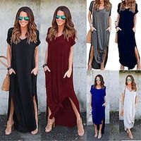 Dames Casual jurk Lange jurk maxi-jurk Katoen Zak Splitsen Afspraakje Maxi Basic V-hals Korte mouw Zwart Wit Blozend Roze Kleur Lightinthebox