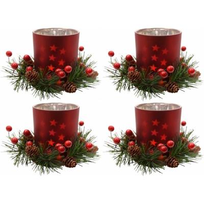 Kerst theelichthouder - 4x - rood - 8 cm - glas/kunststof - waxinelichthouder - kaarsenhouder