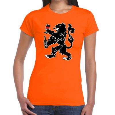 Koningsdag kleding - Oranje t-shirt - wijn drinkende leeuw - voor dames - kleding - korte mouwen