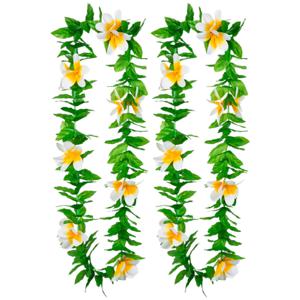 Hawaii krans/slinger - 2x - Tropische kleuren mix groen/wit - Bloemen hals slingers