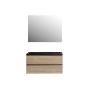 Badkamermeubel BWS Pepper Acryl Wastafel Mat Zwart Met 2 Kraangaten Inclusief Spiegel 100x55x46 cm Eiken