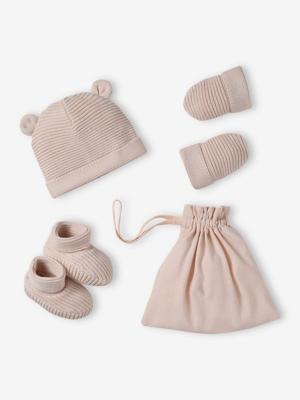 Babyset muts, wanten en sloffen van biologisch katoen en zijn aanpasbare pochon rozen