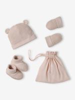 Babyset muts, wanten en sloffen van biologisch katoen en zijn aanpasbare pochon rozen