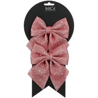Kerst ornamenten strikken - 2x st - roze met glitter - 12 x 13 cm - kerstboomstrikjes