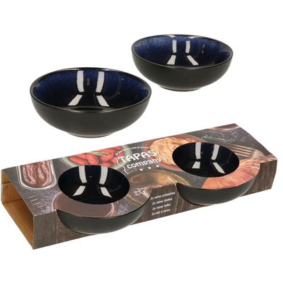 Tapas schaaltjes - 2x - zwart/donkerblauw - aardewerk - 12 x 4 cm