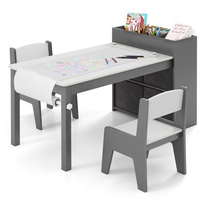 Kindertafel en Stoelenset Tekentafel met 2 Stoelen Papierhouder en Rol 4 Stoffen Bakken Open Planken Activiteitentafel-Grijs